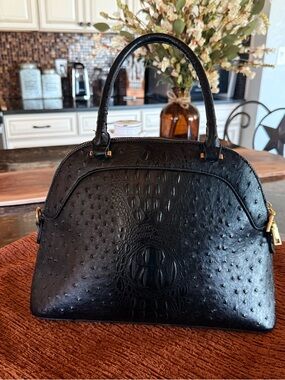 Adrienne Vittadini Embossed Satchel Handbag – Black Ostrich Croc Texture
